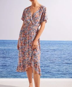 Women'secret Blue Ethnic Print Midi Dress With Slit