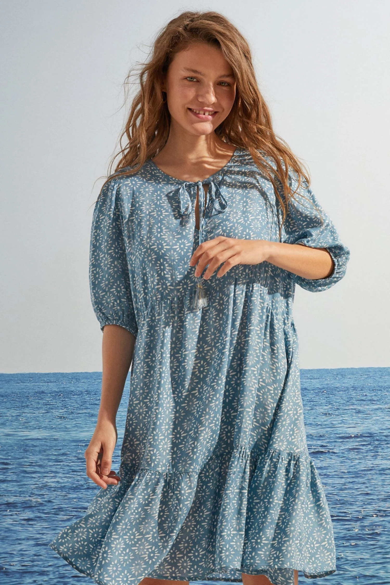 Women'Secret Short Blue Printed Flounced Dress 6 Women'Secret Short Blue Printed Flounced Dress - Image 4