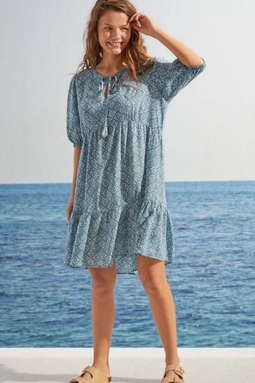 Women'Secret Short Blue Printed Flounced Dress 7 Women'Secret Short Blue Printed Flounced Dress - Image 5