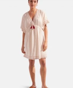 Women'secret Natural Camel Embroidered Cotton Tunic Dress