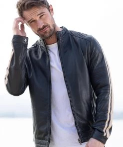 Lakeland Leather Evan Leather Biker Jacket In Navy