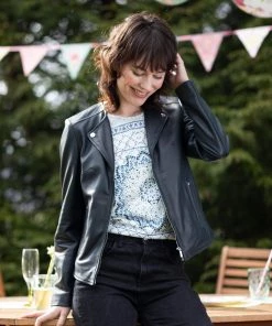 Lakeland Leather Collette Open Collar Leather Biker Jacket Parchment