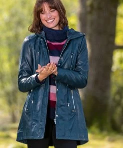 Lakeland Leather Ambleside Hooded Navy Leather Coat Inca Tan