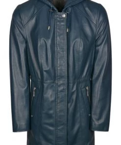 Lakeland Leather Ambleside Hooded Navy Leather Coat Inca Tan -Lakeland Leather Sales unnamed file 543