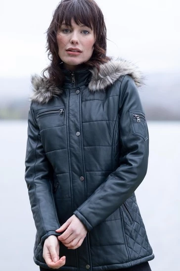 Lakeland Leather Fairfield Hooded Padded Leather Coat Navy Blue 10 Lakeland Leather Fairfield Hooded Padded Leather Coat Navy Blue - Image 8